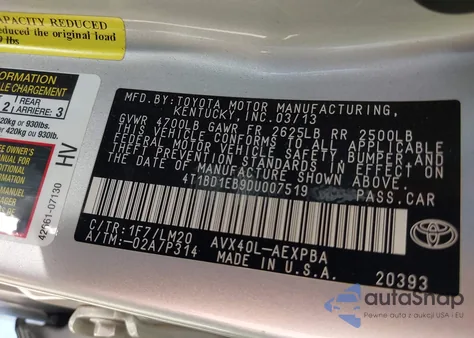 2013 Toyota Avalon Hybrid Limited из США, поврежденный, VIN 4T1BD1EB9DU007519